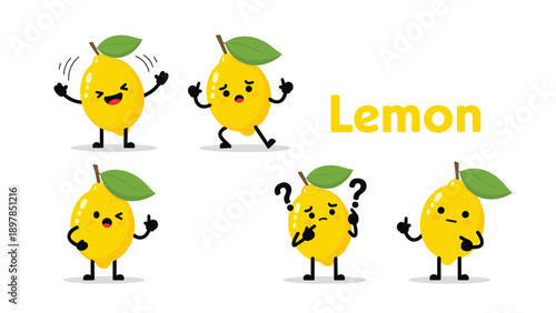 Collection of yellow lemon characters featuring different emotions like joy, confusion, thinking, and giving a thumbs up.
