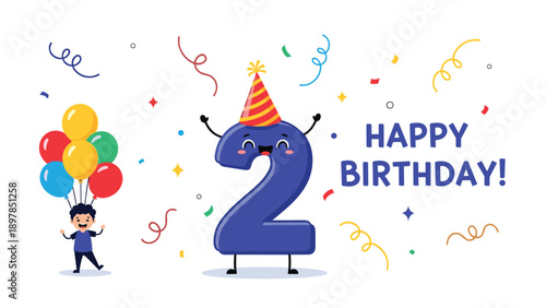 Happy number two character wearing a party hat standing next to a boy holding colorful balloons for second birthday.