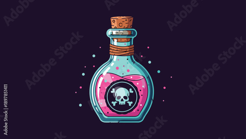 Glass bottle filled with pink liquid featuring a skull and crossbones label representing toxic poison or dangerous potion.