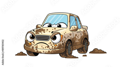 Sad and angry beige car character covered in mud splashes representing a vehicle in need of a thorough wash.