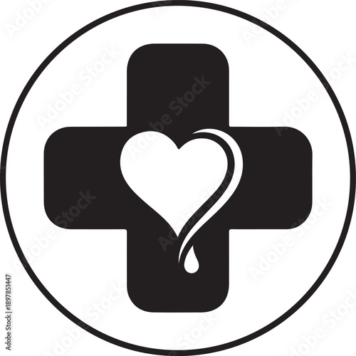 Medical Cross Icon with Heart Symbol for Healthcare Pharmacy and Compassionate Care
