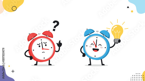 Red and blue alarm clock characters where one is confused and the other holds a light bulb representing a timely idea.