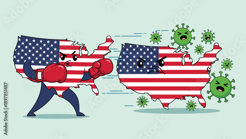 USA map character with boxing gloves fighting off green virus icons while another map character looks on with concern.