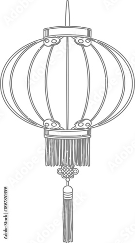 Traditional black and white outline illustration of an ornate spherical chinese lantern featuring decorative elements and a long hanging tassel for cultural celebration designs.