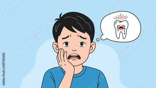 Worried young boy holding his cheek due to a toothache with a crying tooth character in a thought bubble beside him.