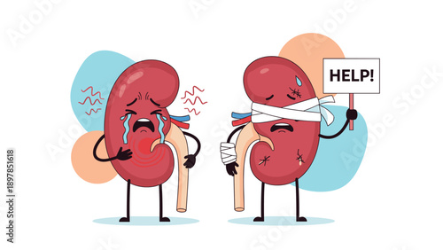 Sad kidney cartoon characters experiencing pain and asking for help with a sign to represent renal failure and disease symptoms.