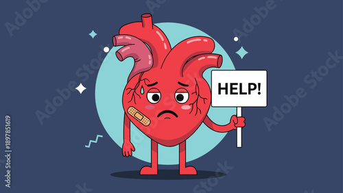 Heart disease illustration showing a sick cardiac organ sweating and holding a help sign to represent medical emergencies and failure.