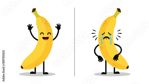Two yellow banana characters showing contrasting emotions of happy waving and sad crying on a white background.