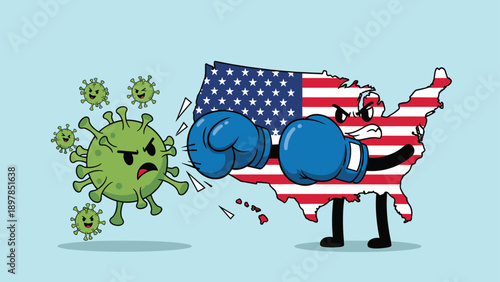 United States map character wearing boxing gloves and fighting against green virus molecules to represent the national battle with pandemic.