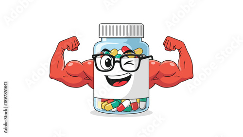 Strong pill bottle character with muscular arms and glasses representing the power of medicine and pharmaceutical supplements for health.