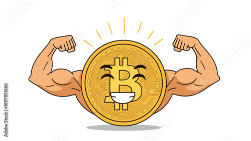 Strong bitcoin gold coin character with powerful muscular arms representing the strength and resilience of cryptocurrency in the market.