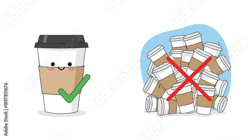 Illustration comparing a single coffee cup with a checkmark to a large pile of cups with a red cross to promote caffeine moderation.