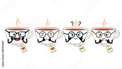 Group of cute tea cup characters with glasses showing various expressions like happiness and confusion to represent emotional wellness.