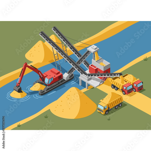 Dredging Operation with Excavator and Trucks.