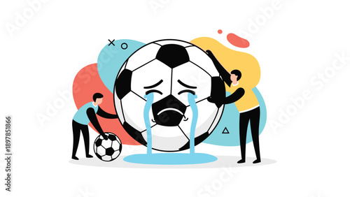 Two people standing next to a giant crying soccer ball illustration representing the emotional side of sports and team disappointment.
