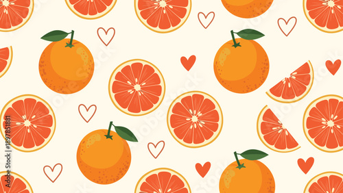 Seamless pattern of whole oranges and grapefruit slices with small hearts representing a love for citrus fruits and healthy nutrition.