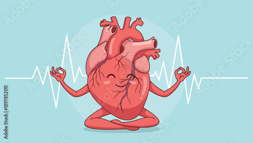 Human heart organ character meditating in a calm pose with an ekg heart rate line in the background to represent cardiovascular health.