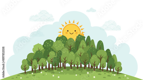 Smiling sun rising behind a lush green forest on a hill with soft clouds representing a beautiful morning and environmental harmony.