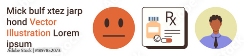 Communication, healthcare, emotions, pharmacy, medical consultation, professional identity. Neutral face emoticon, prescription medication icon and professional avatar. Emotions and healthcare