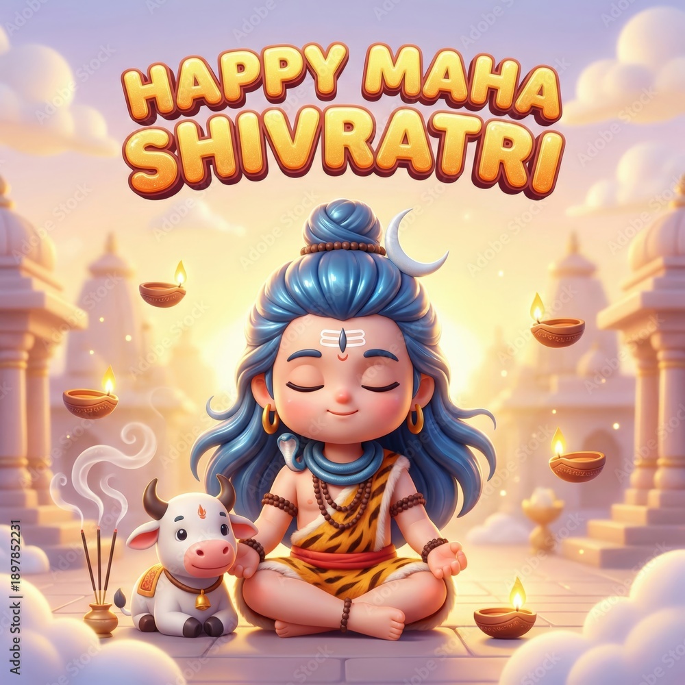 Naklejka premium Happy Maha Shivratri celebration with Lord Shiva cartoon character meditating in golden temple with calf and oil lamps
