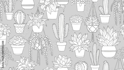 Seamless line art pattern of various potted plants including cacti and succulents representing home gardening, nature, and interior decor.