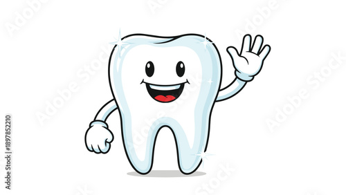 Bright and clean tooth character waving with a happy face to represent excellent oral hygiene, dental health, and a beautiful smile.