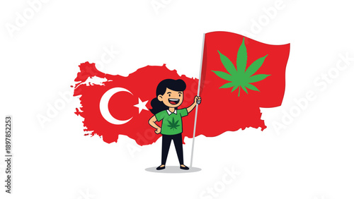 Woman holding a turkish flag with a green cannabis leaf in front of a red map of turkey representing drug policy discussions in turkey.