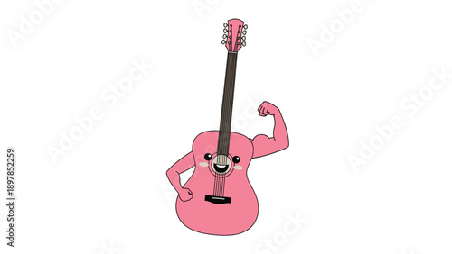 Pink guitar character with a happy face flexing a strong muscular arm to represent the power of music and artistic strength in performance.