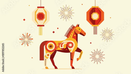 Stylized Horse Silhouette with Festive Lanterns and Fireworks for Lunar Celebration