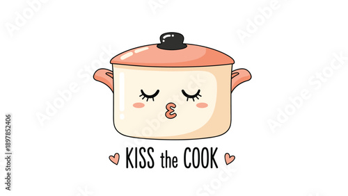 Cute whistling cooking pot cartoon character with hearts and text kiss the cook for kitchen decor or creative culinary design themes.