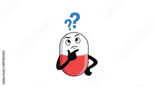 Confused capsule pill cartoon character with question marks thinking to represent medical choices side effects or drug information.