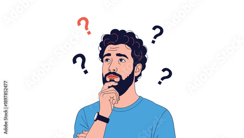 Pensive bearded man looking up with question marks around his head to signify thinking planning and finding creative solutions.