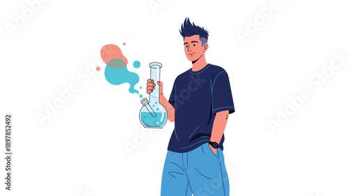 Modern man holding a large glass bong with colorful smoke clouds to represent cannabis culture or recreational marijuana use habits.