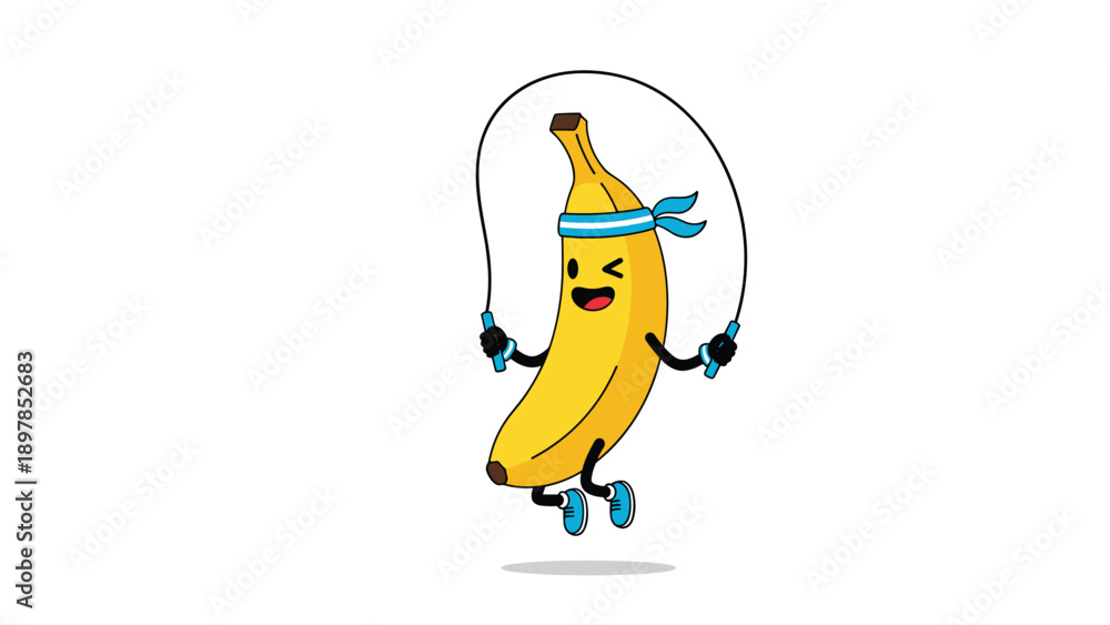 Fototapeta premium Energetic yellow banana cartoon character jump roping with a blue headband to promote healthy exercise and active lifestyle habits.