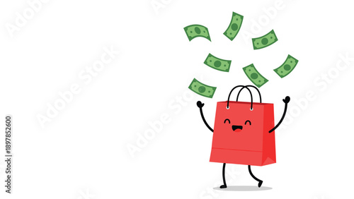 Happy red shopping bag character with money bills falling from above to represent shopping deals wealth and retail business success.