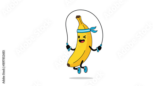 Energetic yellow banana cartoon character jump roping with a blue headband to promote healthy exercise and active lifestyle habits.