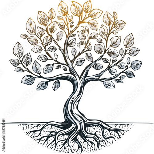 Hand drawn botanical engraving illustration of a single money tree plant, braided trunk detailed