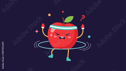 Stressed red apple cartoon character exercising with a hula hoop to symbolize weight loss efforts and healthy fitness challenges.