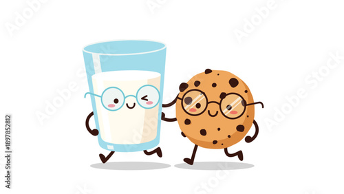 Happy milk glass and chocolate chip cookie cartoon characters walking together as a classic snack food pair and friends.