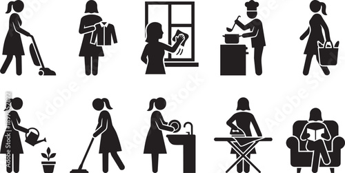 A collection of pictogram icons representing various household chores and daily activities, from cleaning to leisure