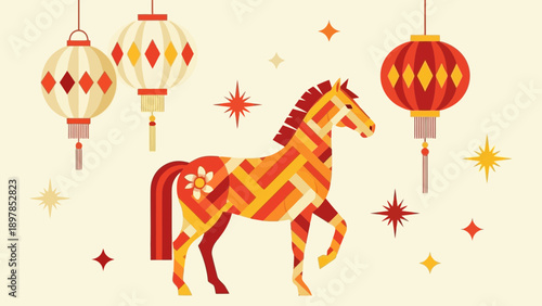 Stylized Horse Silhouette with Traditional Asian Lanterns for Zodiac Celebration