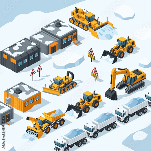 Construction Site with Heavy Machinery and Vehicles in Winter.