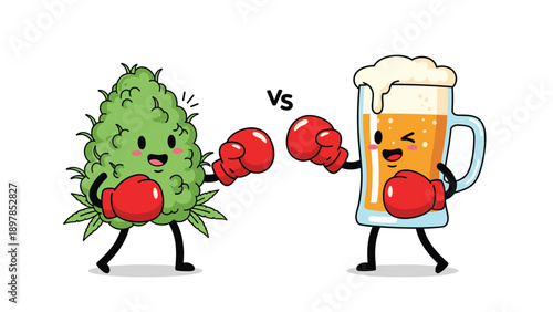 Cannabis bud and beer mug cartoon characters with boxing gloves fighting to illustrate the comparison or conflict between drugs.