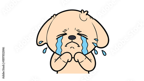 Sad tan puppy cartoon character crying with blue tears to express grief sorrow loneliness or needing comfort and adoption.