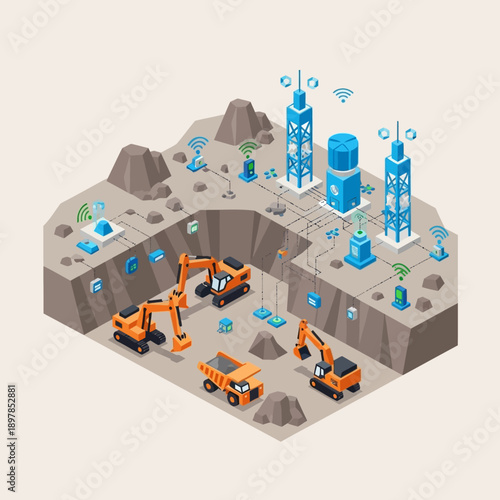 Isometric illustration of mining site with excavators and industrial infrastructure.