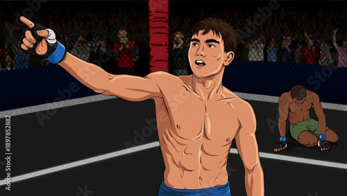 Victorious mixed martial artist celebrates triumphantly in the ring after a hard-fought battle