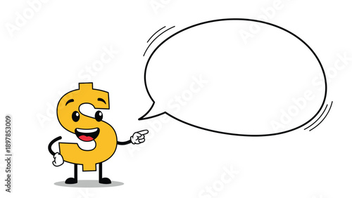 Smiling golden dollar sign currency mascot pointing at a large empty speech bubble for financial and banking messages.