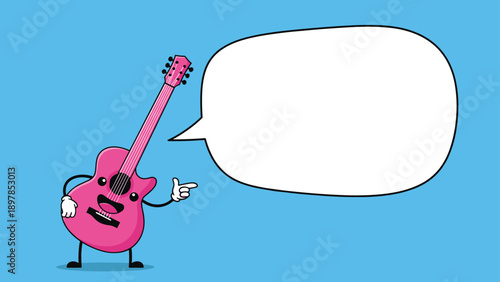 Happy pink acoustic guitar character pointing towards a large blank speech bubble for custom musical announcements and messages.