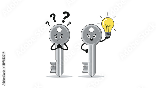 Two silver metal key characters comparing a state of confusion and a new idea represented by a bright glowing yellow light bulb.