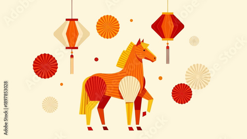 Stylized Equine Figure with Festive Lantern Decorations for Asian Celebration